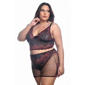 Conjunto Sensual Bicolor Com Sainha Plus Size Hot Love - Preto Com Terra - 50
