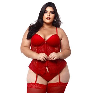 Espartilho Plus Size Tule Com Detalhe Em Renda Macler - Vermelho - 50
