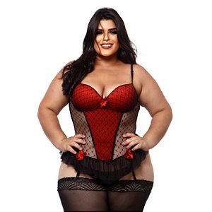 Espartilho Em Tule Com Babadinhos E Laço Plus Size Macler - Preto - 50