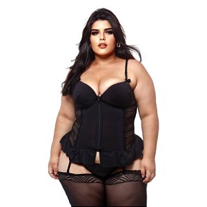 Espartilho Plus Size Com Zíper Frontal E Renda Na Lateral Macler - Preto - 54