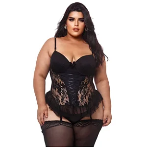 Espartilho Plus Size Com Bojo Drapeado E Fita De Cetim Trançada Macler - Preto - 50
