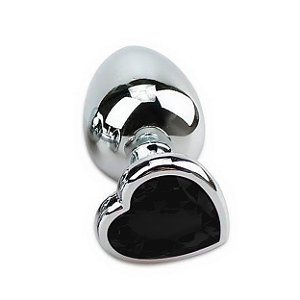 Plug Anal De Aço Inoxidável Cromado Com Pedra Formato Coração Tamanho P Sexy Import - Preto