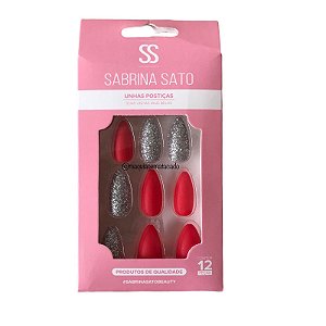 Unhas Postiças Autocolante Sabrina Sato Stiletto Vermelha e Prata Glitter SS1641