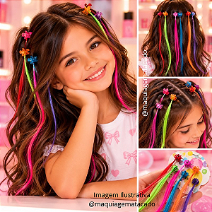 Mechas Coloridas de Cabelo com Mini Piranha Presilha Cartela com 06 Unidades Cores Aleatória