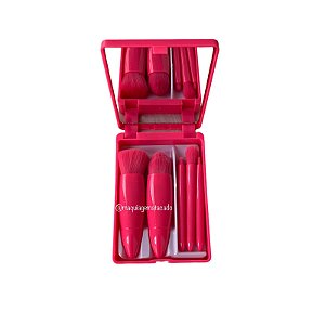 Kit 05 Mini Pincéis com Case e Espelho Rosa Pink QBM806-1