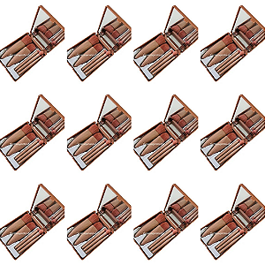 12 Unidades Kit 05 Mini Pincéis com Case e Espelho Marrom QBM805 Atacado Box Fechado