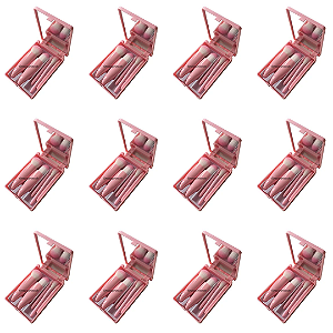12 Unidades Kit 05 Mini Pincéis com Case e Espelho Rosa QBM806 Atacado Box Fechado
