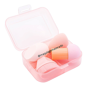 Kit Esponjas Para Maquiagem e Pincel Hexagonal com Caixinha de Divisória Cor Aleatória