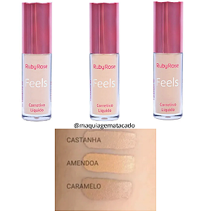Kit 03 Unidades Corretivo Líquido Feels Ruby Rose HB8102 Cores 20, 30 e 50