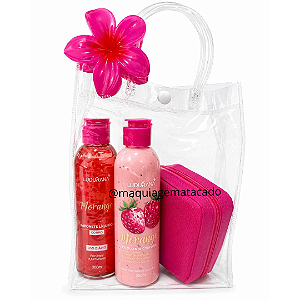 Kit Presente: 01 Sabonete Morango Ludurana, 01 Esfoliante Morango Ludurana, 01 Porta Jóias, 01 Piranha de Flor e 01 Sacola Transparente KP01