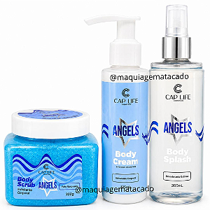 Kit Angels Cap Life 01 Body Scrub Esfoliante Corporal, 01 Body Cream Hidratante Corporal e 01 Body Splash
