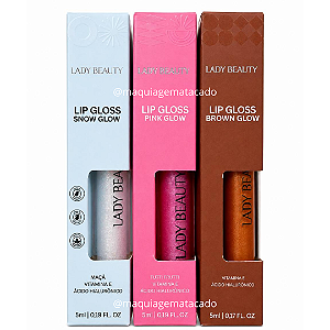 Kit 03 Unidades Gloss Lady Beauty: Snow Glow Maçã LB44, Pink Glow Tutti Frutti L34 e Brown Glow Chocolate L38