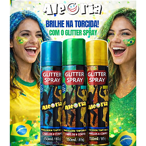 Kit 03 Unidades Glitter Spray Cabelos e Corpo Maquiagem Temporária Verde, Amarelo e Azul Copa