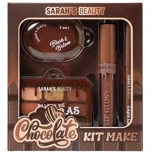 Kit Make Chocolate Sarah's Beauty S6754 Cor 01 - Paleta de Sombra com 9 cores, Blush e Batom Cremoso 2 em 1, Lip Gloss e Lápis Labial
