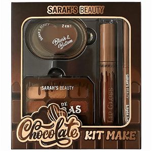 Kit Make Chocolate Sarah's Beauty S6754 Cor 02 - Paleta de Sombra com 9 cores, Blush e Batom Cremoso 2 em 1, Lip Gloss e Lápis Labial