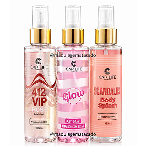 Kit 03 Unidades Body Splash Cap Life: 412 Vip Rosé, Glow Morango com Creme e Scandalus 130ml