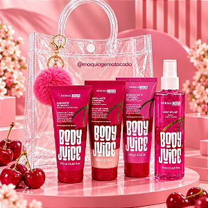 Kit Presente Cereja Dermachem: 01 Sabonete, 01 Esfoliante, 01 Creme Corporal, 01 Body Splash, 01 Chaveiro Pompom e 01 Sacola Transparente KP05