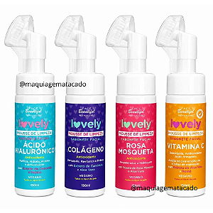 Kit 04 Unidades Mousse de Limpeza Sabonete Facial Lovely: Ácido Hialurônico FB398, Colágeno FB395, Rosa Mosqueta FB396 e Vitamina C FB397