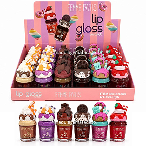 Lip Gloss Coleção Sobremesa Docinhos Femme Paris FR205 Atacado Box 24 Unidades