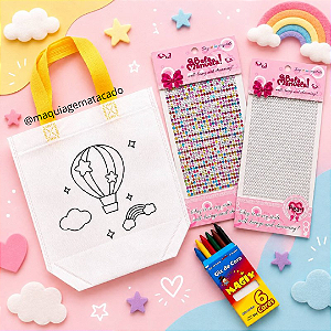 🎀 Kit Dia das Crianças – Sacolinha TNT para Colorir + Cartelas de Strass + Giz de Cera - Tema Balão TNT01049