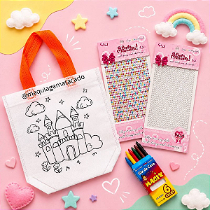 🎀 Kit Dia das Crianças – Sacolinha TNT para Colorir + Cartelas de Strass + Giz de Cera - Tema Castelo TNT01046
