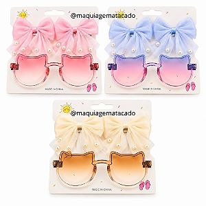 01 Cartela Kit Infantil Laço com Pérolas e Óculos Gatinho Cores Aleatórias DW190