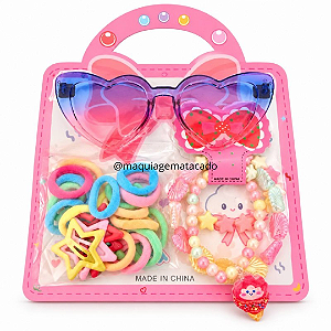 01 Cartela Kit Infantil Óculos, Xuxinhas, Tic Tac e Pulseiras Cores Aleatórias JYS342