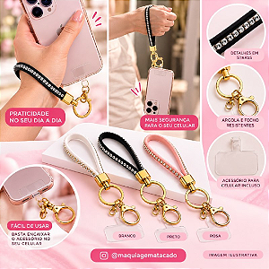 Chaveiro Alça de Pulso para Celular com Strass, Argola e Mosquetão C2162 Cor Aleatória - Unidade