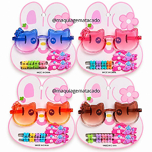 01 Cartela Kit Infantil Óculos Gatinho, Presilhas e Mini Piranhas Cores Aleatórias 3075-34