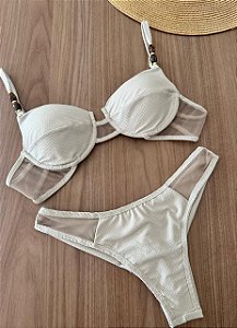 Biquíni Meia Taça Off White Com Tule