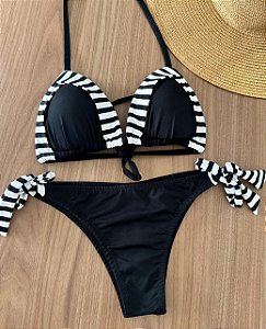 Biquíni Cortininha Dobrado Preto Com Listras