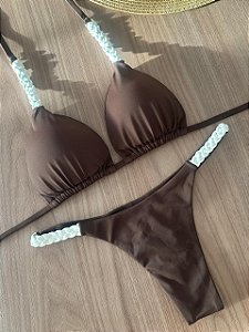 Biquíni Cortininha Marrom Com Tranças Off White