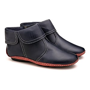 BOTA FEMININA CANO CURTO ANKLE BOOT EM COURO LEGÍTIMO FRANCA BRASIL MARINHO E VERMELHO 7810