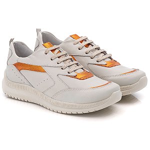 TENIS FEMININO BRANCO CASUAL EM COURO LEGITIMO LARANJA RNSTF210