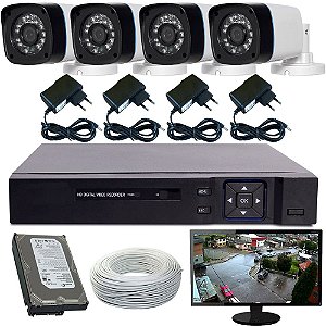 Kit Sistema de Vigilância Completo 04 Câmeras Gravador Dvr Stand Alone Monitor e Acessórios