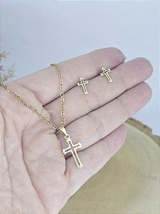 Conjunto Cruz Vazada em Aço Inoxidável