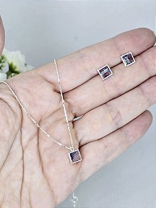 Conjunto Quadradinhos Coloridos em Prata 925