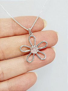 Colar Flor com Botão em Quartzo Rosa - Prata 925
