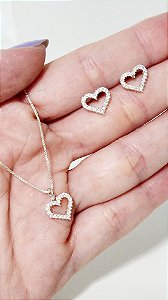 Conjunto Corações Cravejados em Prata 925