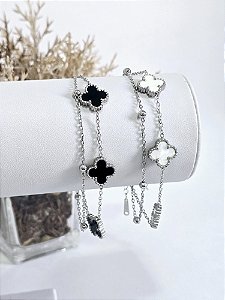 Pulseira Dupla Trevos e Bolinhas em Aço Inoxidável