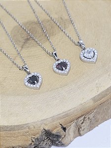 Colar Coração Cristal Cravejado em Aço Inoxidável
