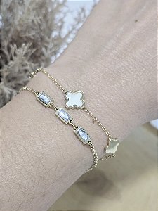 Pulseira Dupla Trevo e Cristais em Aço Banhada a Ouro