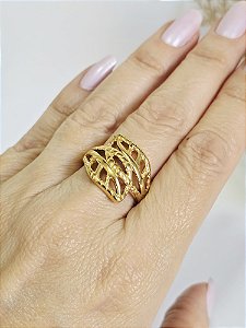 Anel Vazado Folhas em Aço Banhado a Ouro