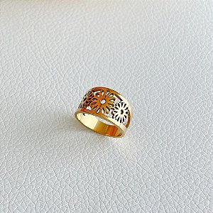 Anel Vazado Flores em Aço Banhado a Ouro