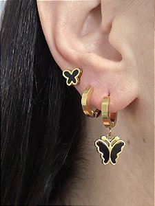 Trio de Brincos Borboleta com Detalhe Preto em Aço Inoxidável Banhado a Ouro