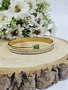 Bracelete Cravejado com Pedra Verde Retangular em Aço Inoxidável Banhado a Ouro