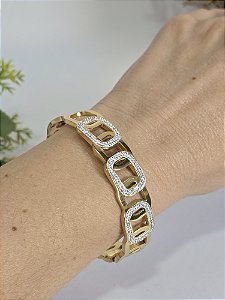 Bracelete Elos com Zircônias em Aço Banhado a Ouro