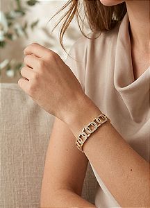 Bracelete Elos com Zircônias em Aço Banhado a Ouro