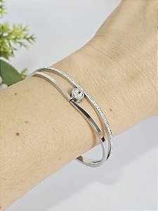 Bracelete Duplo com Zircônias e Ponto de Luz em Aço Inoxidável