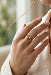 Anel Ondas em Aço Banhado a Ouro